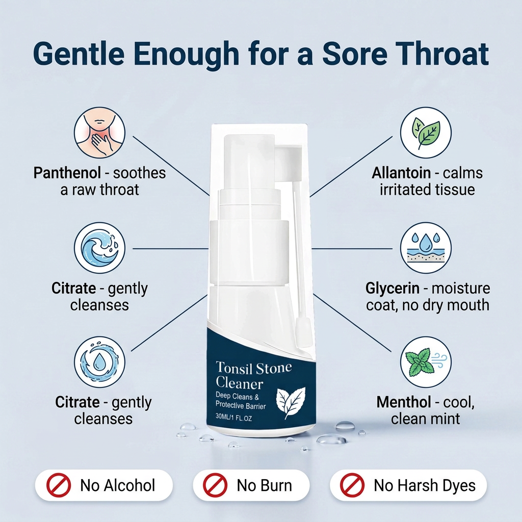 Gentle ingredients: panthenol, allantoin, glycerin, menthol, citrate, alcohol-free