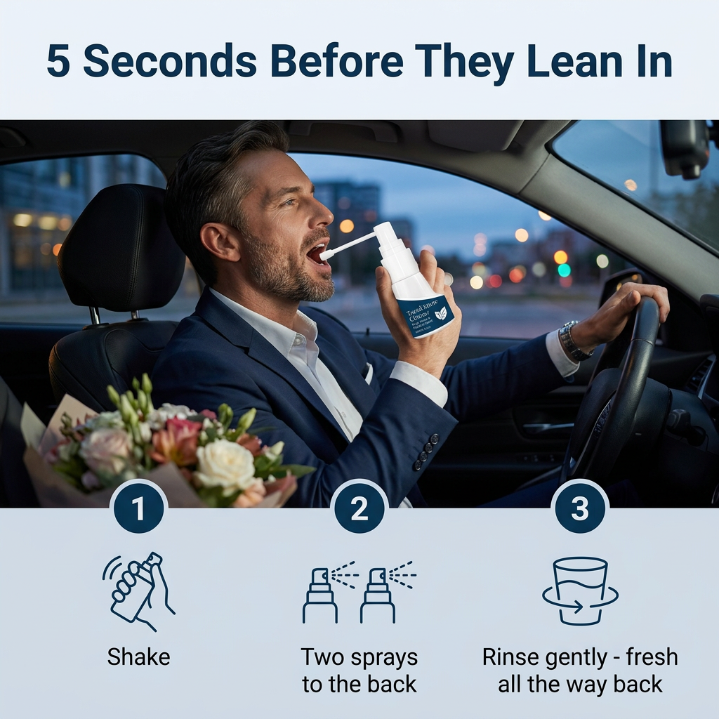 5 seconds before they lean in: shake, two sprays, rinse